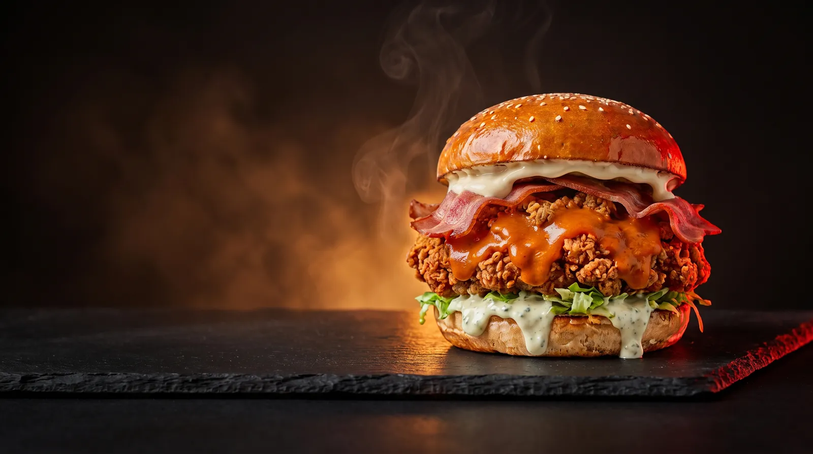 A Southern fried chicken burger on a black slate, steam rising
