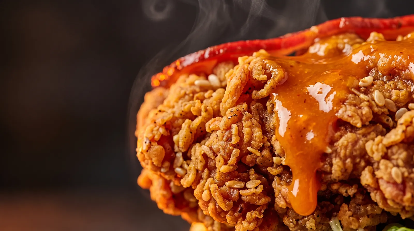 Close-up of craggy golden Southern fried chicken breading with orange sauce