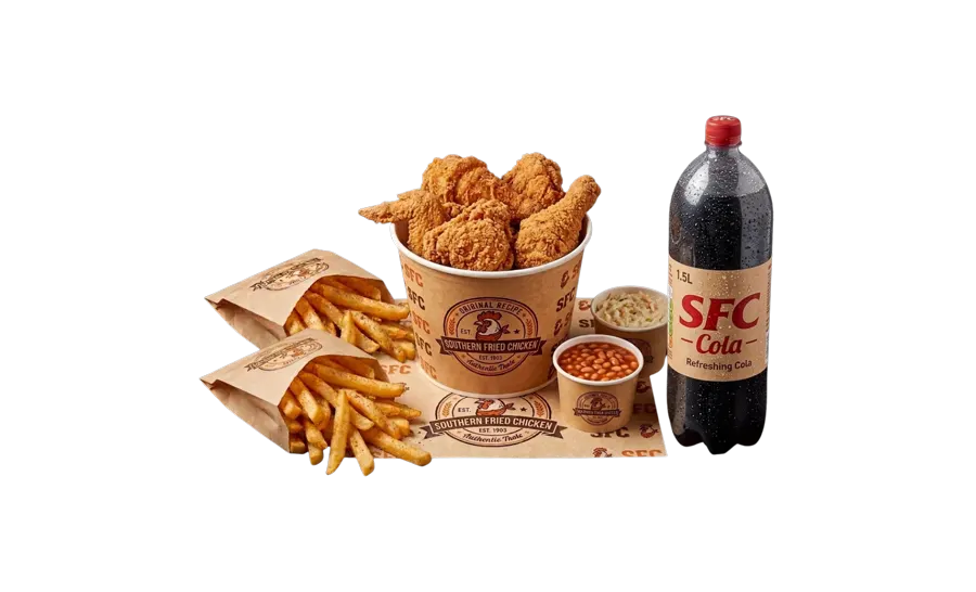 6 piece chicken bucket with fries, beans, slaw and a bottle of cola