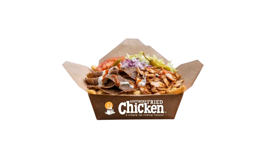 Doner meat and chips with salad in a takeaway box